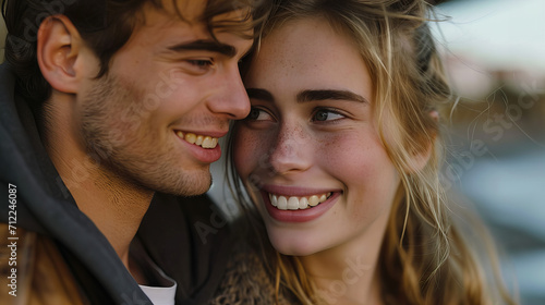 Young Couple Sharing a Tender Moment, candid moment between a young couple, captured with genuine smiles and affectionate glances, conveying intimacy © Anastasiia