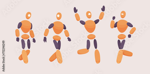 Embodied AI, computer repair technician moving, abstract male figure representing mechanical, electrical, software fixing program, virtual assistant in digital body, minimalistic vector illustration