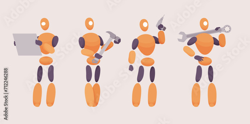 Embodied AI, computer repair technician with tools, abstract male figure representing mechanical, electrical, software fixing program, virtual assistant digital body, minimalistic vector illustration