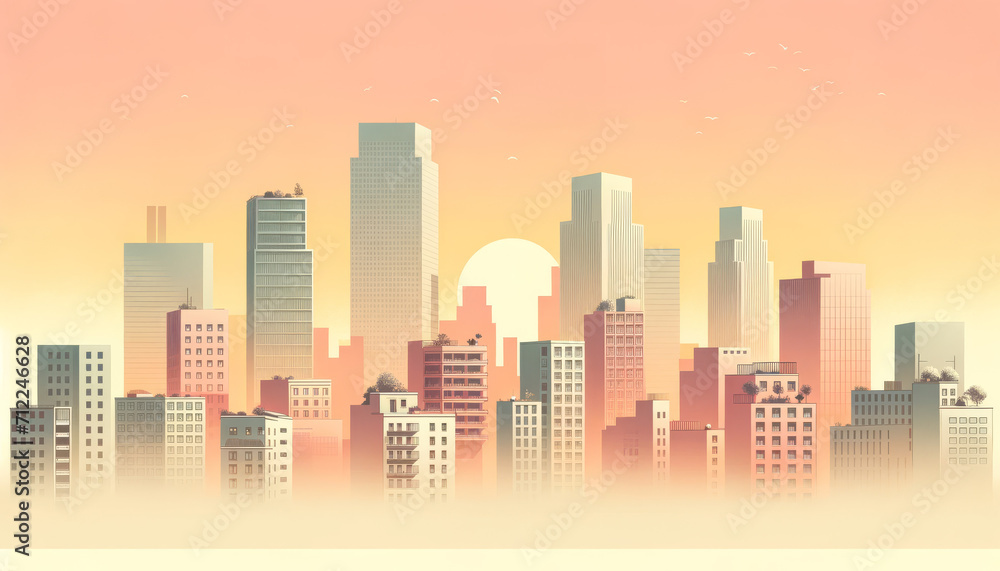A minimalist cityscape illustration with soft pastel sunset colors. 