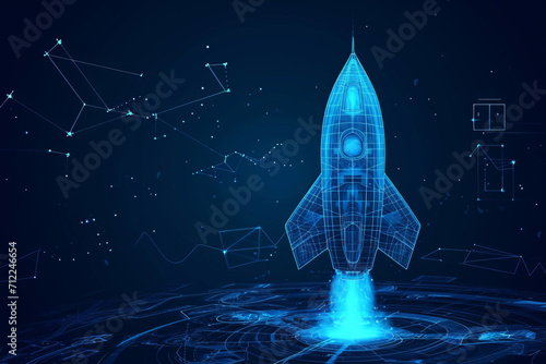 An intricate blueprint of a rocket launch, set against a constellation background, conceptualized through AI Generative techniques.