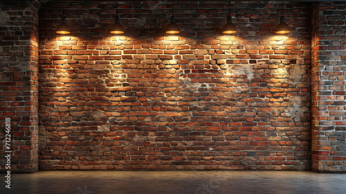 Old textured brick wall with warm pendant lights, an example of generative AI photography