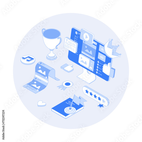 High Quality Content. Content marketing and optimization. Adding photos, videos, posts to the website, blog or social network. Vector outline illustration with isometry scene for web graphic