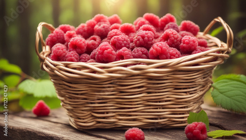 Fresh raspberries basket on wooden table in sunny forest background. Copy space