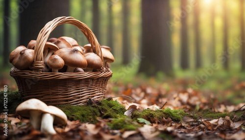 Basket with fresh porcini mushrooms in forest. Copy space photo