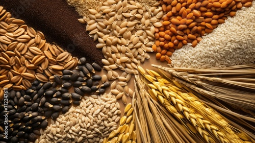 Top view background of various types of cereals, seeds, legumes, wheat ears. Agricultural products, healthy vegetarian food concepts.