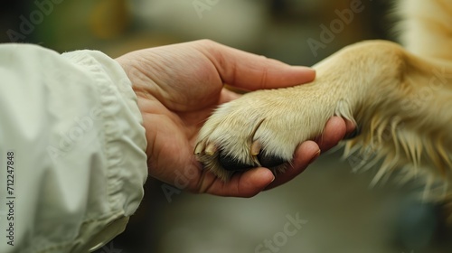 Generative AI, veterinarian hand is holding dog's claw. Dog's paw in human's hand. Domestic pet 