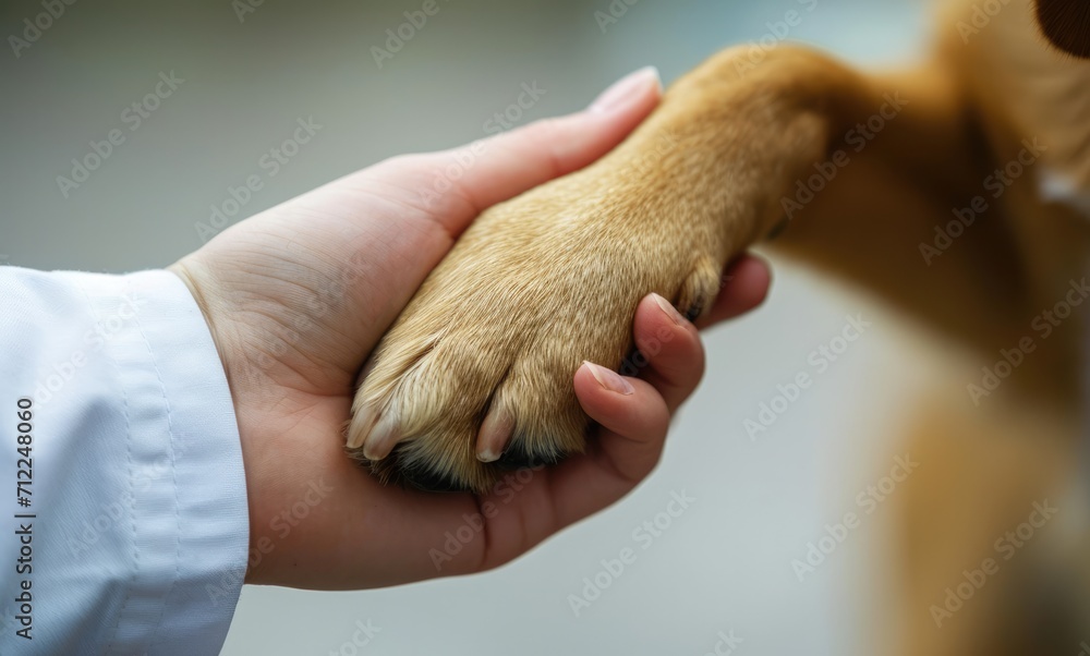 Generative AI, veterinarian hand is holding dog's claw. Dog's paw in human's hand. Domestic pet
 - obrazy, fototapety, plakaty 