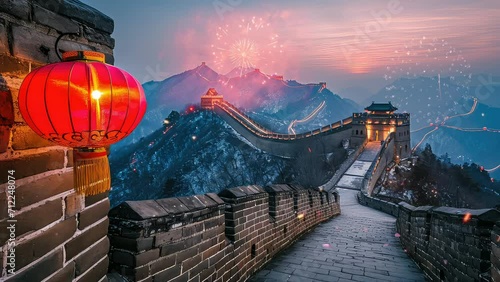 Animation chinese new year ornaments and lantern along the great wall of china in the morning. seamless 4k video looping background. generated with ai photo