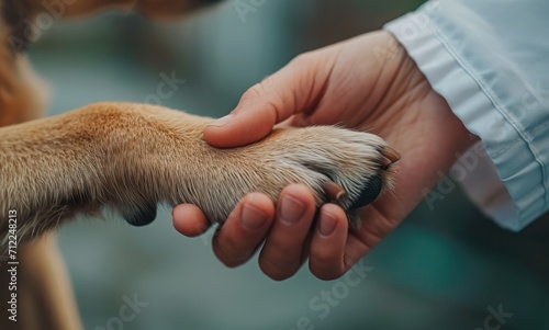 Generative AI, veterinarian hand is holding dog's claw. Dog's paw in human's hand. Domestic pet 