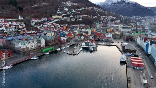 Establishing, panoramic aerial winterday view of the cityscape of Bergen, Norway, Scandinavia photo
