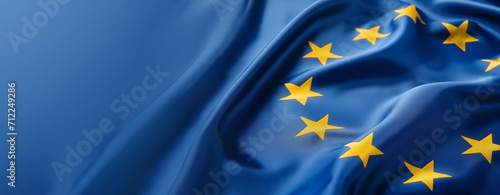 Flag of Europe waving, close up view on yellow stars of the European blue flag, for header or banner, European Union elections