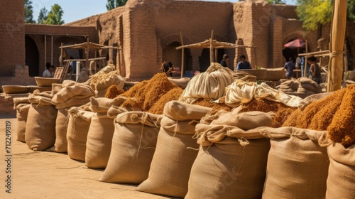 Agricultural products, various cereals, flour, sugar in jute bags at the farmer's market.