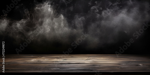 room with floor,Room with concrete floor and smoke with dark wall background, A table with smoke coming out of it and a black background, Genrative AI