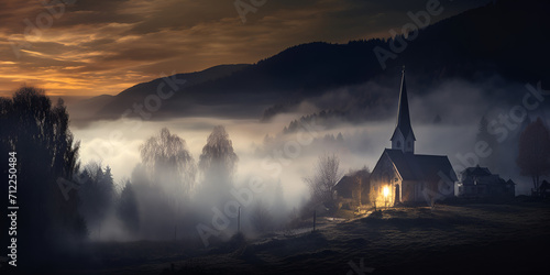 church in the fog, A small church in a mountain valley, A church on a hill with a light shining on it, Generative AI