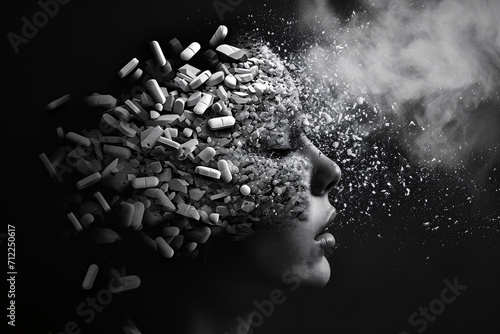 Pill addiction concept, double exposure photo of a woman's head and pills, opioid crisis, substance abuse photo