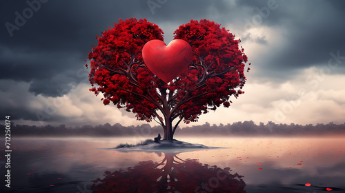 Heart-shaped red tree, generative Ai