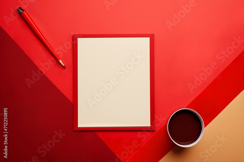 A blank sheet of paper in a red frame in the center of the frame for writing text on a red background, next to a pencil and a glass of coffee.Valentine's day,Birthday,Women's day, Flat lay, copy space