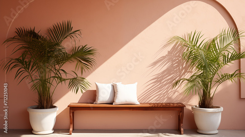 Potted Palms Flanking a Bench with Plush Pillows in Archway Shadow