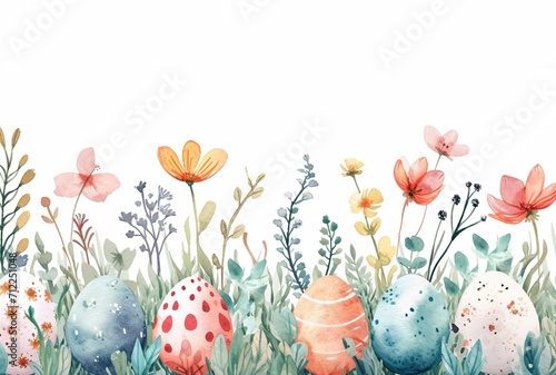 Happy Easter hand drawn watercolor greeting card with decorated Easter eggs and blossoming flowers and plants. Springtime holiday abstract banner template in pastel colors with copy space for text. 