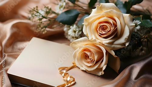 Background with two roses and a box in champagne on a silky surface with rose petals for valentine s day oder motherday