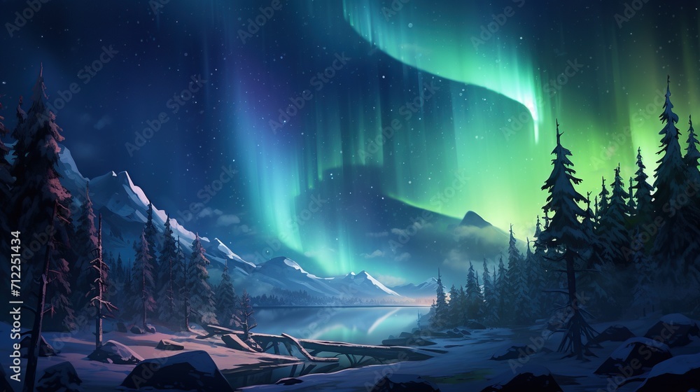 Beautiful aurora with stars at night. Panorama with northern light in night starry sky, lakes and mountains. Created with Generative AI