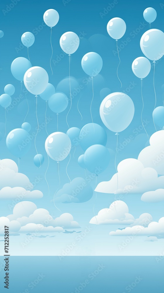 Obraz premium Blue balloons on blue sky and clouds background. Birthday or party mockup festive greeting card.