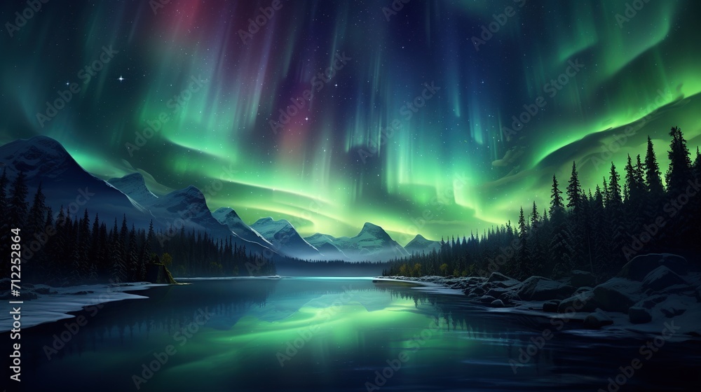 Beautiful aurora with stars at night. Panorama with northern light in night starry sky, lakes and mountains. Created with Generative AI