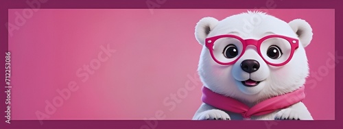 Cute baby polar bear wearing spectacles isolated on solid pastel background, Creative animal concept, commercial, editorial advertisement background