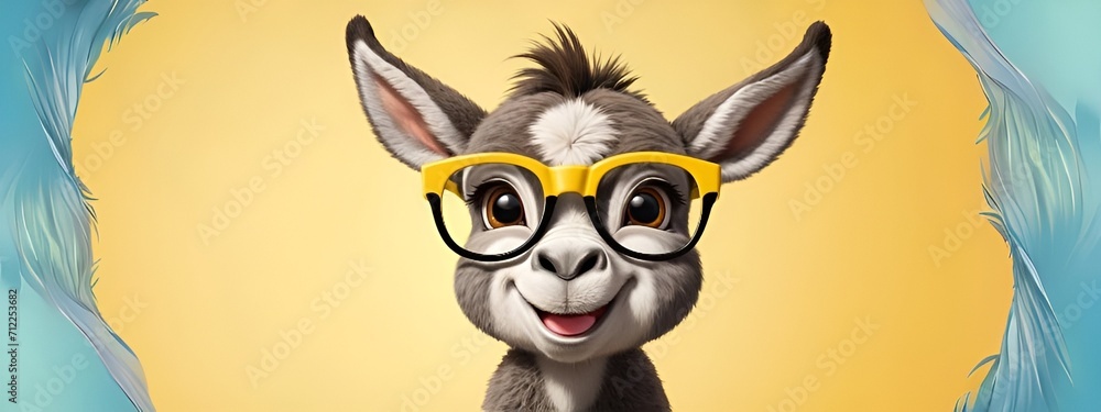 Fototapeta premium Cute baby donkey wearing spectacles isolated on solid pastel background, baby donkey wallpaper for kids, Creative animal concept, commercial, editorial advertisement background