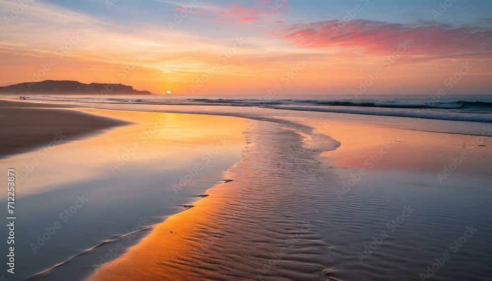 A serene sunset beach walk: a couple's intimate moment captured in golden and pink hues, reflecting on wet sand, symbolizing their indelible path of love and togetherness.