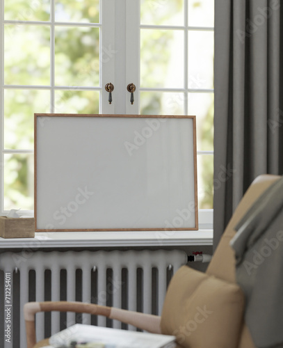 Mockup empty, poster frame, close up, interior empty room background, 3d rendering.