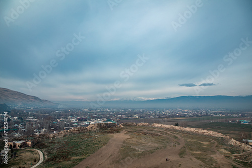 view of a surrounding from the top of the castle mountain in a panoramic view in Tajikistan © oybekostanov