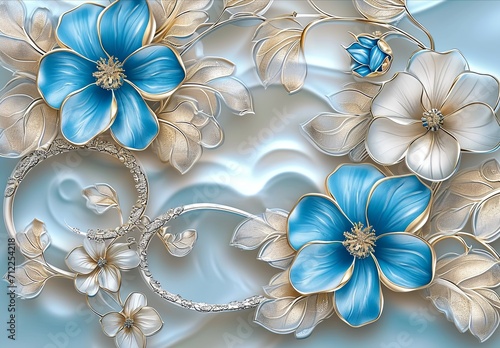 Blue flowers on a blue background, in the style of jewelry by painters and sculptors, light silver and light gold, light beige and turquoise, uhd image, decorative details. 
