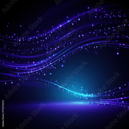 Blue and purple neon luxury background with shiny stars and waves lines and light effect with bokeh elements.