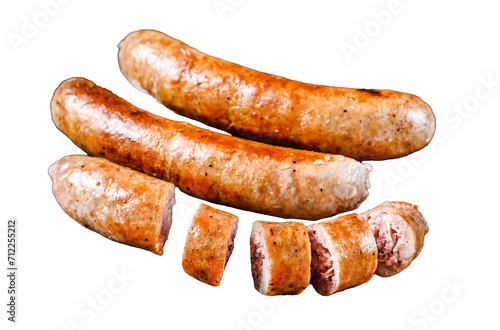 Fried and sliced pork Sausage with herbs.  Transparent background. Isolated.