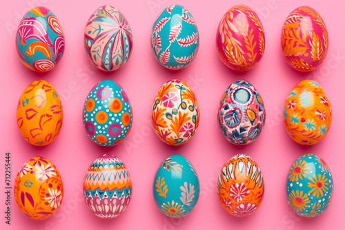 A vibrant array of intricately decorated Easter eggs arranged neatly on a vivid pink backdrop, symbolizing festive celebration.
