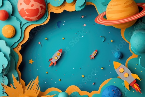 paper cut style border with copy space with rockets and planets  kids card  flat lay. ai generated