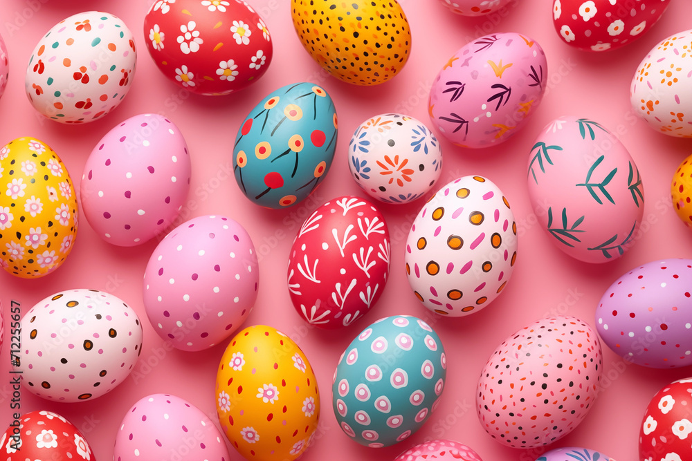 A vibrant array of intricately decorated Easter eggs arranged neatly on a vivid pink backdrop, symbolizing festive celebration.
A vibrant array of intricately decorated Easter eggs arranged neatly on a vivid pink backdrop, symbolizing festive celebration.