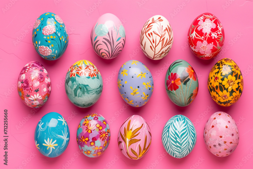 A vibrant array of intricately decorated Easter eggs arranged neatly on a vivid pink backdrop, symbolizing festive celebration.
