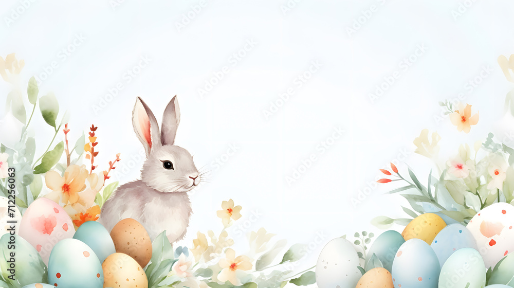 Happy Easter day, border with cute Easter rabbit, eggs, spring flowers in pastel colors on light ,green white background. Isolated Easter watercolor decoration elements. Happy Easter day, border with cute Easter rabbit, eggs, spring flowers in pastel colors on light ,green white background. Isolated Easter watercolor decoration elements.