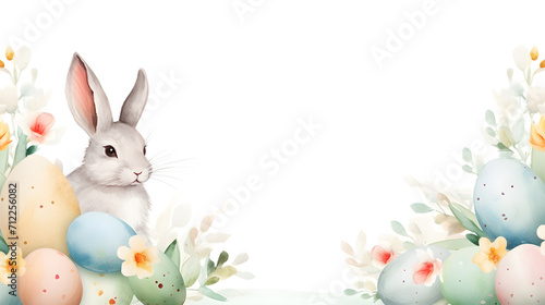 Happy Easter day, border with cute Easter rabbit, eggs, spring flowers in pastel colors on light ,green white background. Isolated Easter watercolor decoration elements.