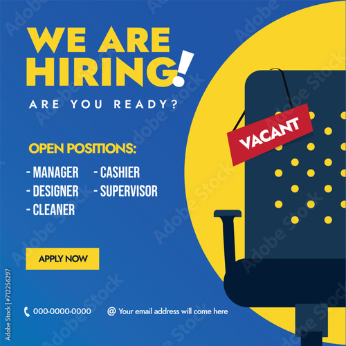 We are hiring. We are hiring announcement banner with an empty office chair with vacant sign. Hiring banner with different job positions of manager, cashier, designer, supervisor, cleaner. Recruiting.