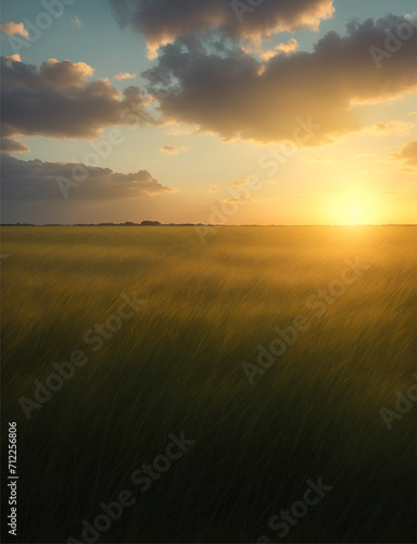 Aerial view of a wheat field with a sunset in the background