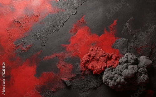 Sfondo astratto per il design. Vecchio muro di cemento dipinto con intonaco colorato di nero e rosso fuoco. Brillante.