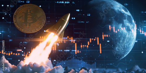Bitcoin symbol with a launching rocket and a detailed moon in the backdrop over financial data, portraying high ambitions in the market photo