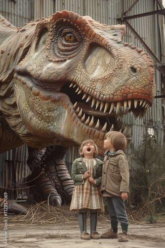 children looking at great dinosaurs happy