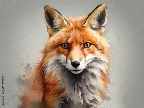 Portrait of a fox painted in watercolor on a gray background. Nature conservation concept 