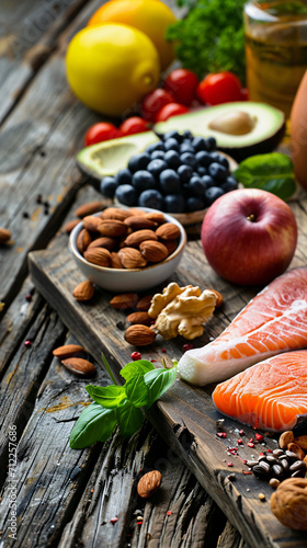 Healthy foods concept, nuts, fruits and salmon on a wooden plate