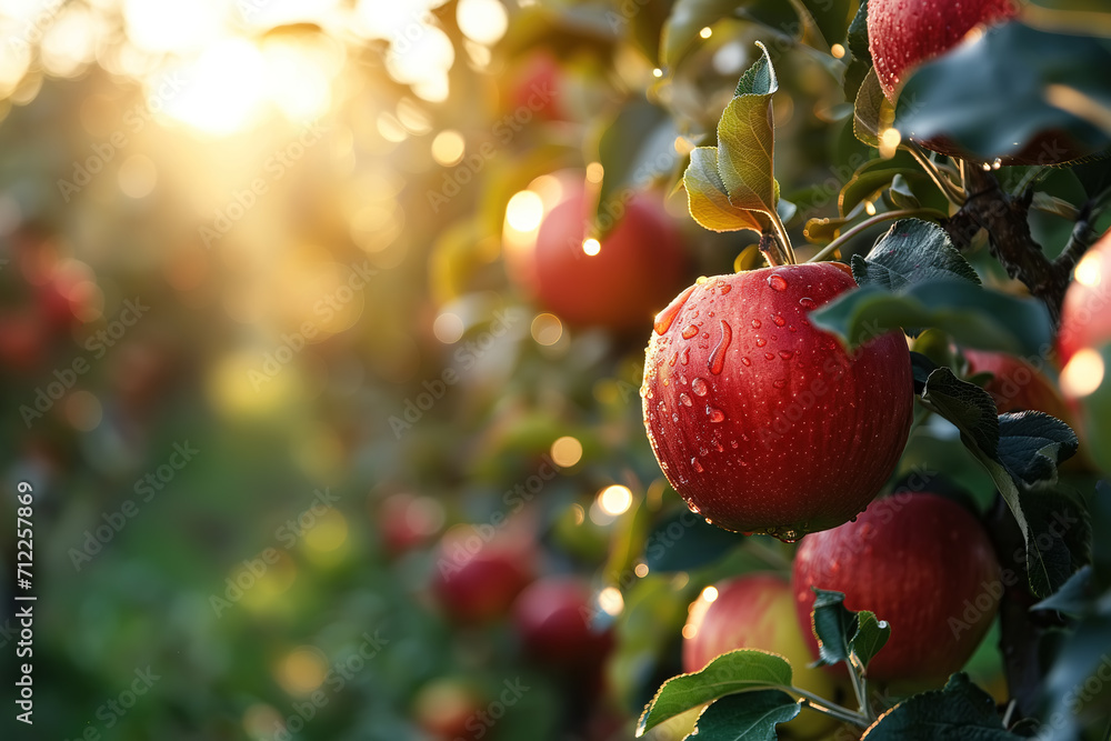 Apple orchard with copy space, close-up of red ripe apples with dew on a tree on a sunny day Apple orchard with copy space, close-up of red ripe apples with dew on a tree on a sunny day
